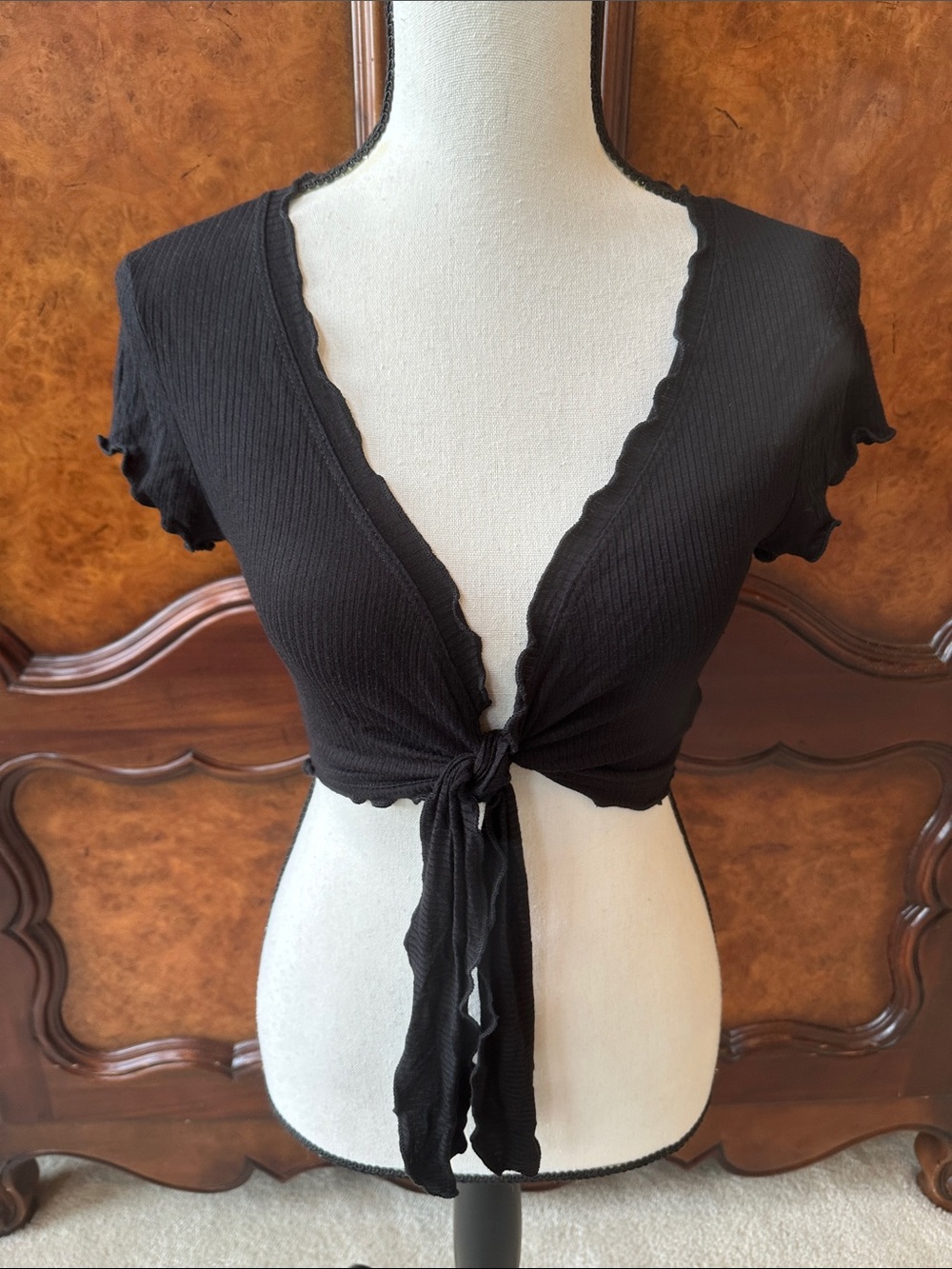 Mocking Jay Black Ribbed Front-Tie Crop Top